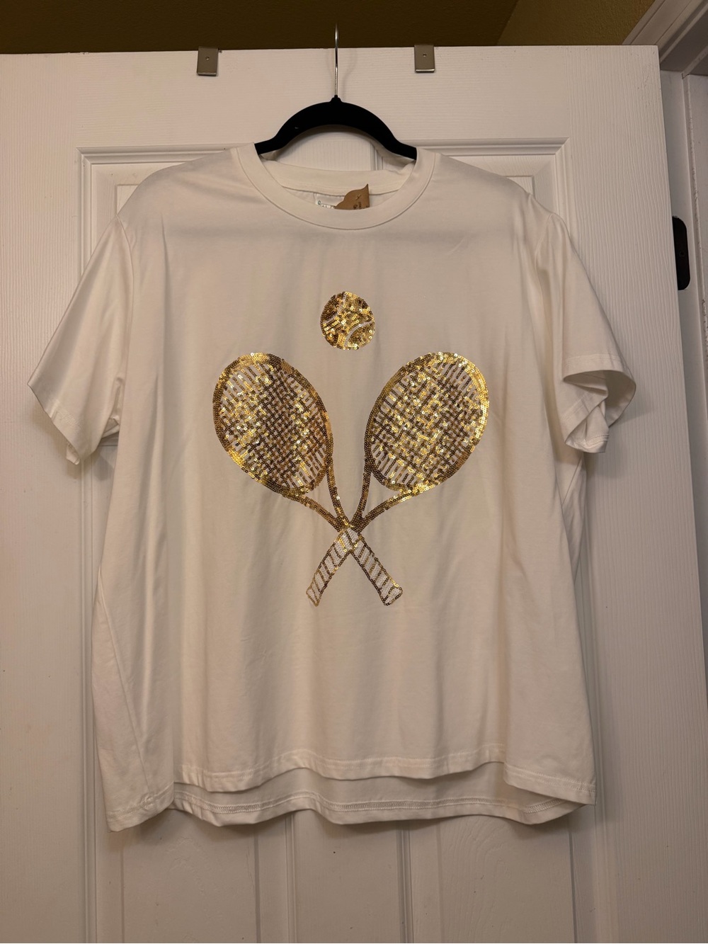 QUEEN OF SPARKLES White Short Sleeve Tee with Gold Sequin Tennis Motif